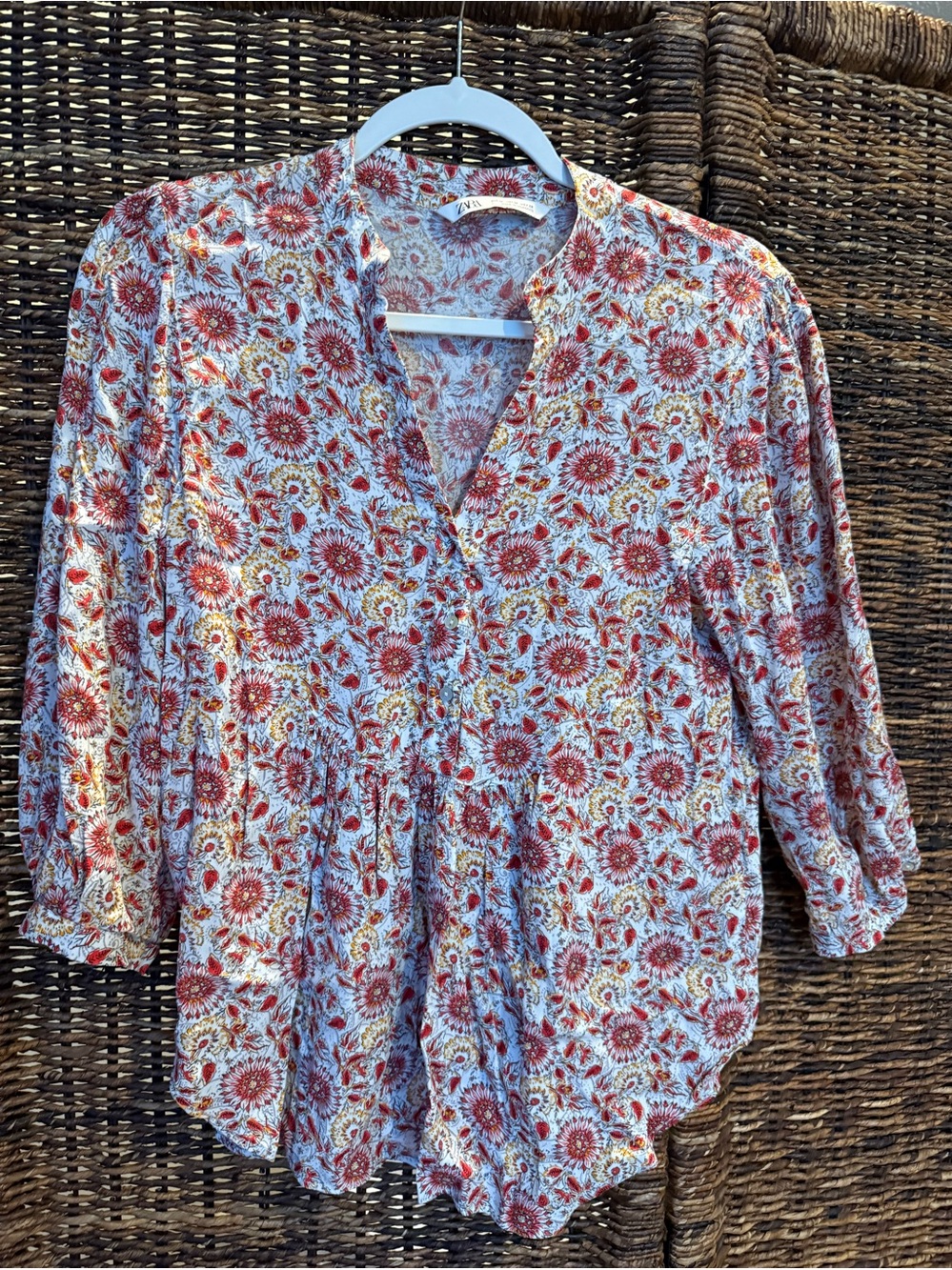 Zara Orange and Cream Floral V-Neck Blouse